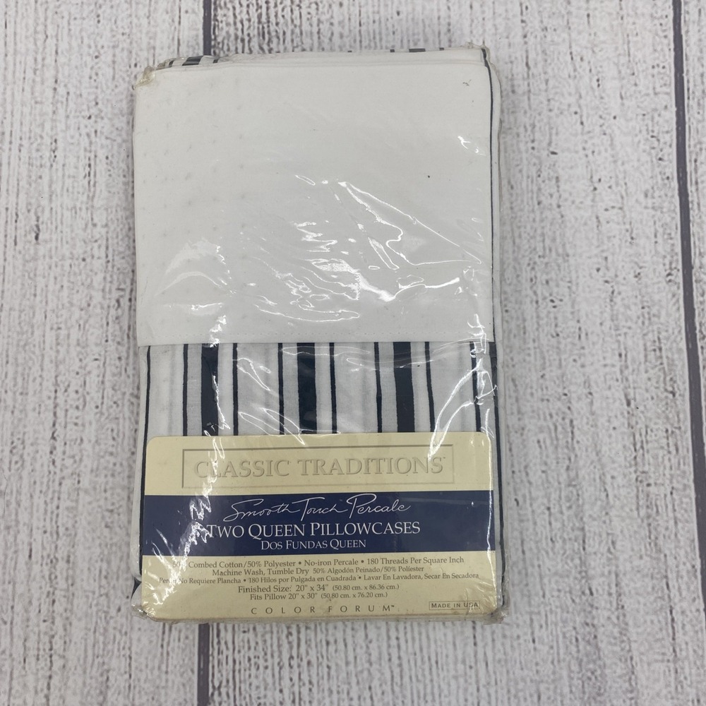 Classic Traditions Pillowcase Set QUEEN Black White Stripe Smooth Touch Percale